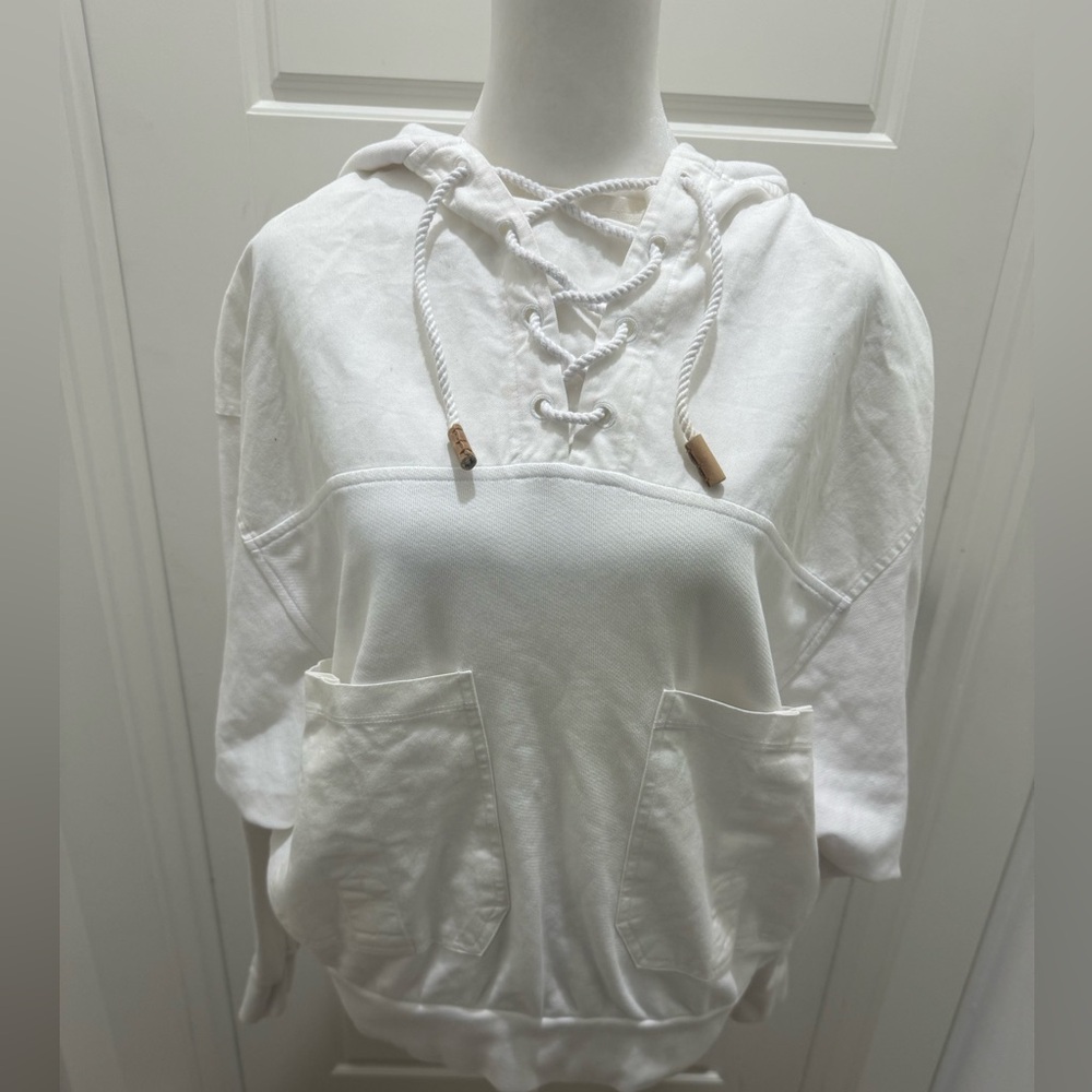 Frame. White Cotton Nautical Lace-Up Hoodie. Size Small.